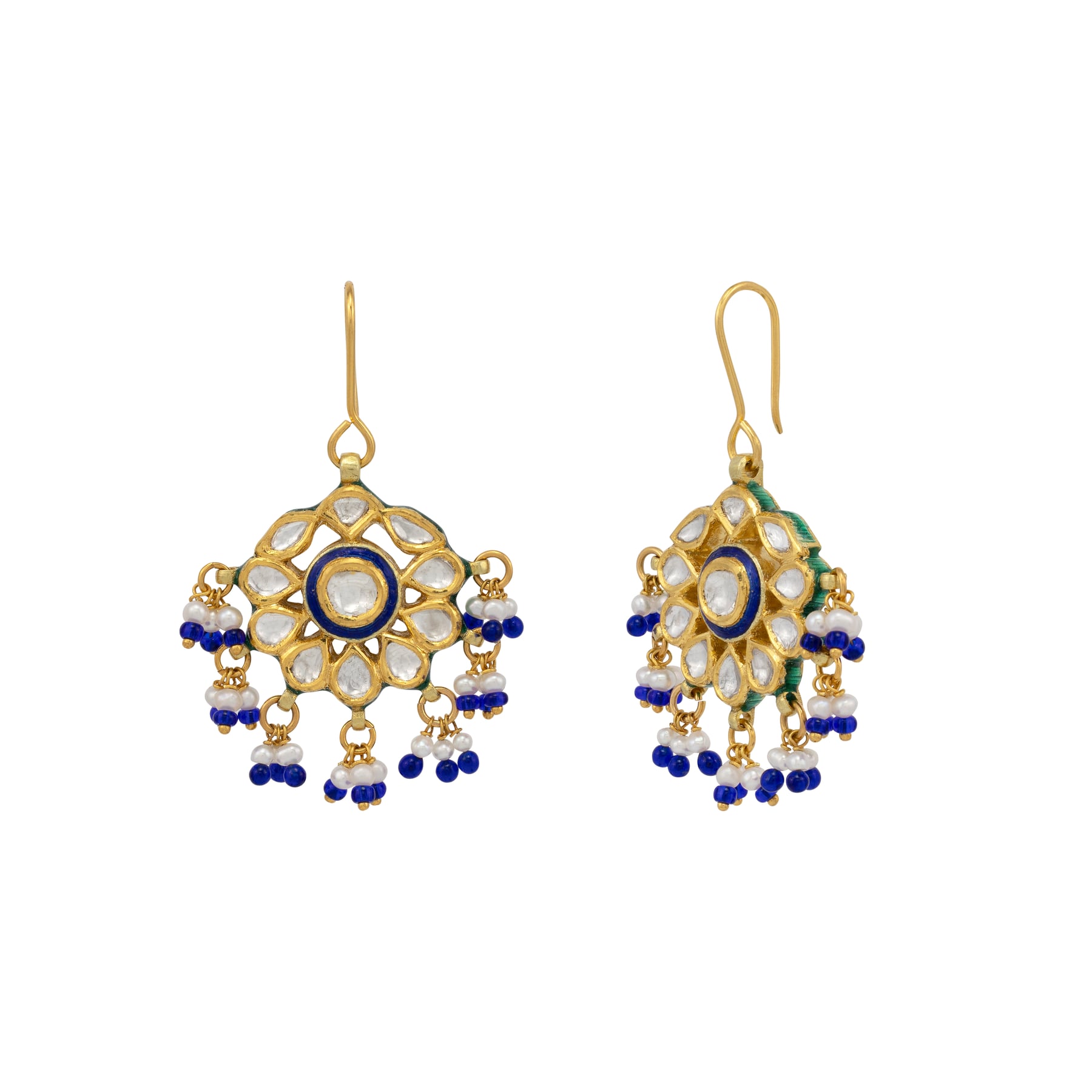 Polki Drop Earrings with Blue Enamel and Pearl Bead Accents